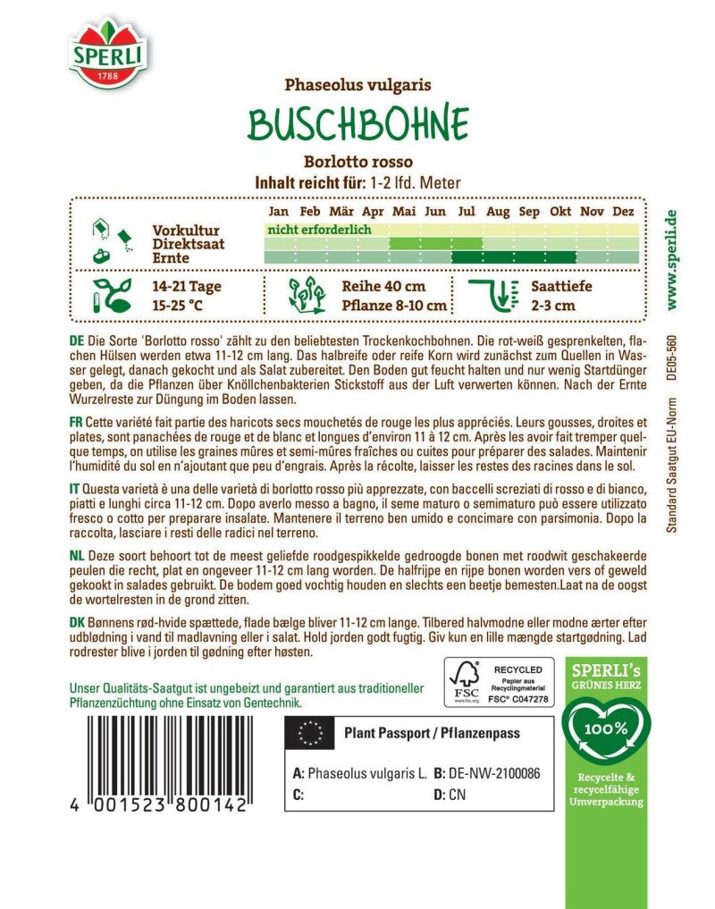 Buschbohne Borlotto Rosso, Trockenkochbohne, Saatgut Von Sperli