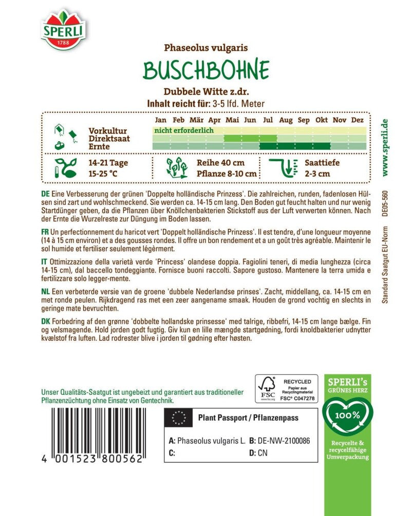 Buschbohne Dubbele Witte Z.dr., Zart Und Wohlschmeckend, Fadenlos