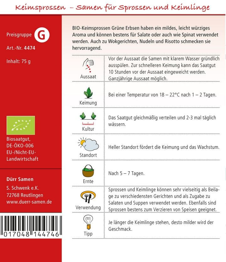 Dürr BIO-Keimsprossen Grüne Erbse, Mildes Leicht Würziges Aroma, Inhalt: 75gr.