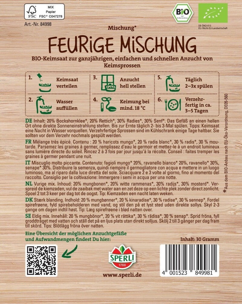 BIO Keimsprossen-Saat Feurige Mischung, Geschmack: Intensiv-würzig (sehr Schaf)