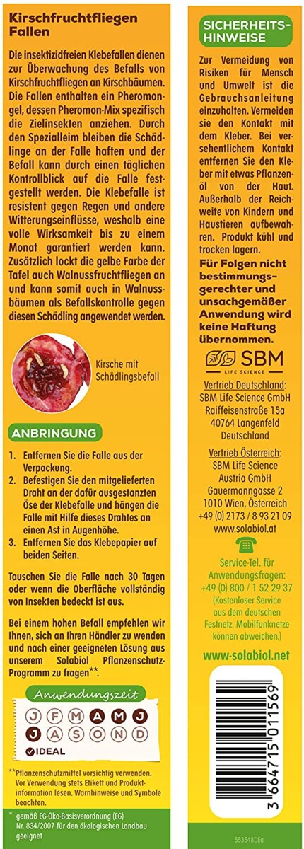 Solabiol Kirschfruchtfliegen Fallen, Mit Lockstoff Und Gelbtafel, Zur Befallsermittlung Von Kirschfruchtfliege Und Walnussfruchtfliege, 5 Stück