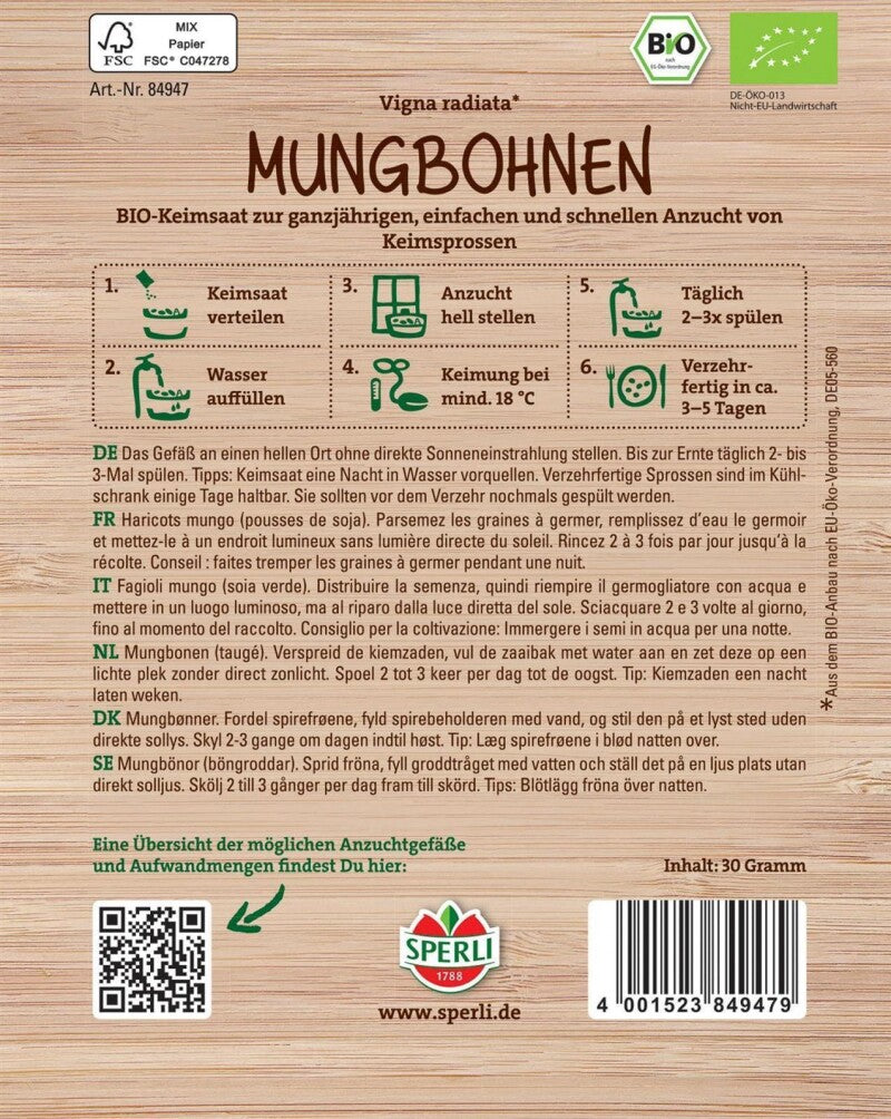 BIO Keimsprossen-Saat Mungbohnen, Inhalt: 30 Gr., Leicht Süßlich Bis Nussig, Eignen Sich Für Asiatische Gerichte