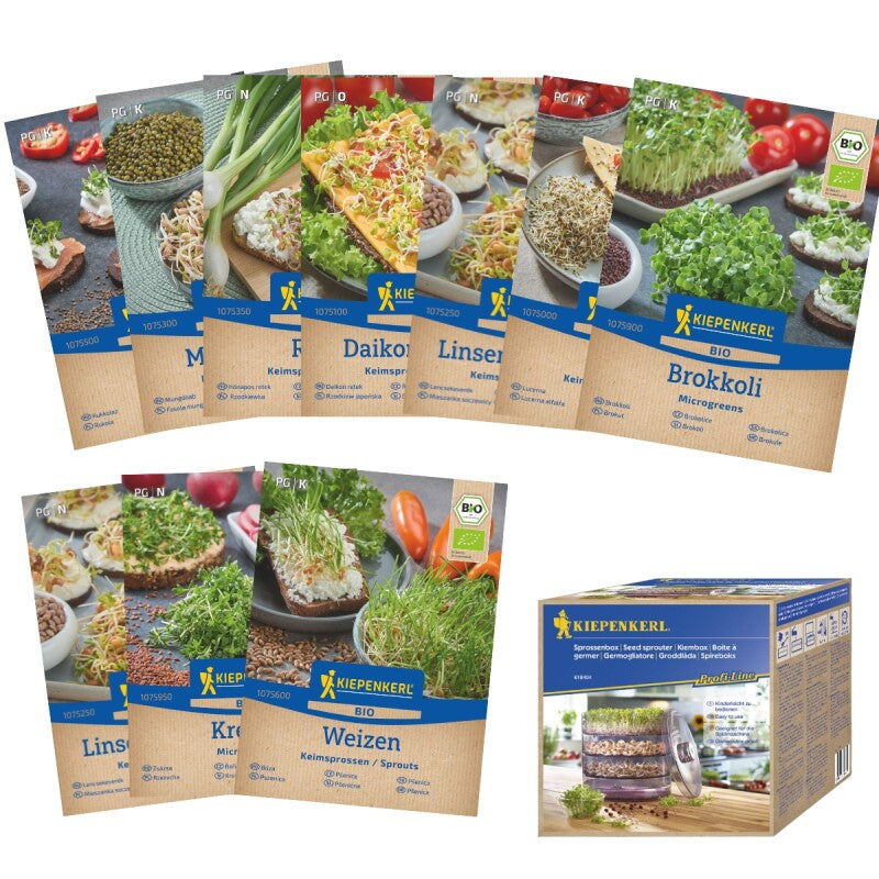BIO Keimsprossen-Sortiment 10 - Verschiedene Sorten BIO-Sprossen-Samen + 1x Kiepenkerl Keimbox