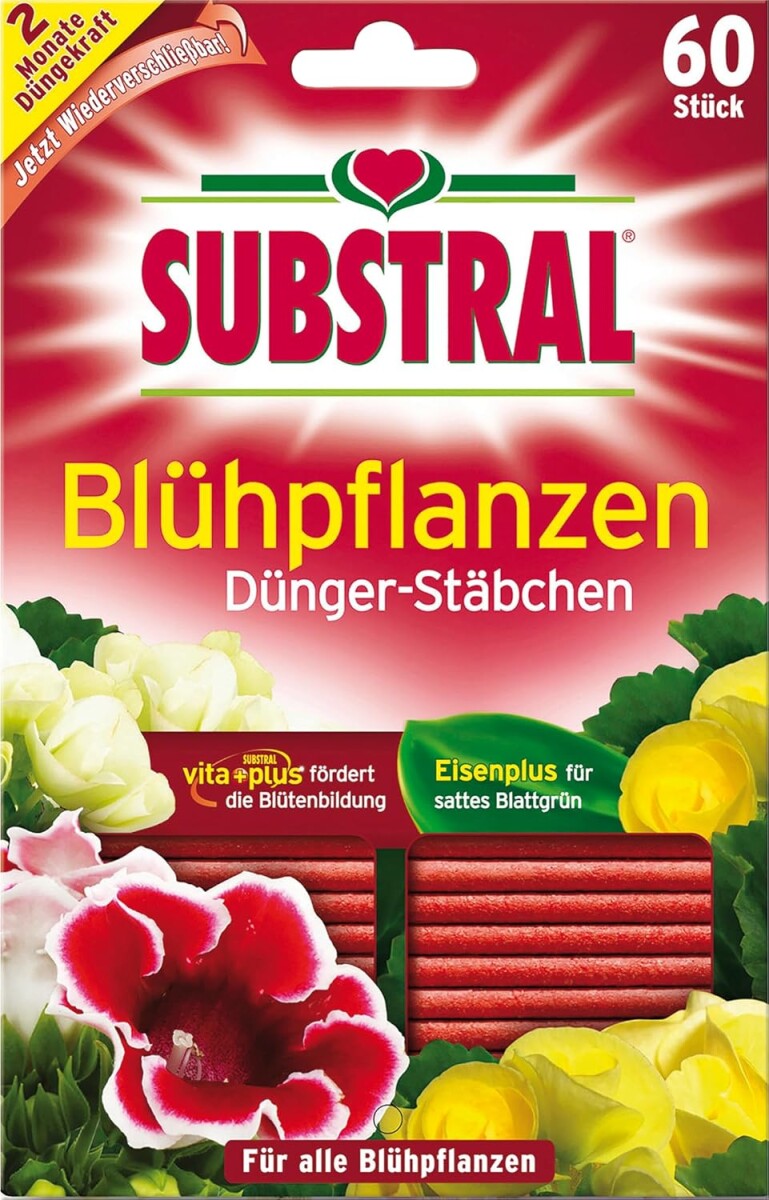 Substral Dünger-Stäbchen Für Blühpflanzen Mit Eisen-Plus Und 2 Monate Langzeitwirkung, 60 Stück