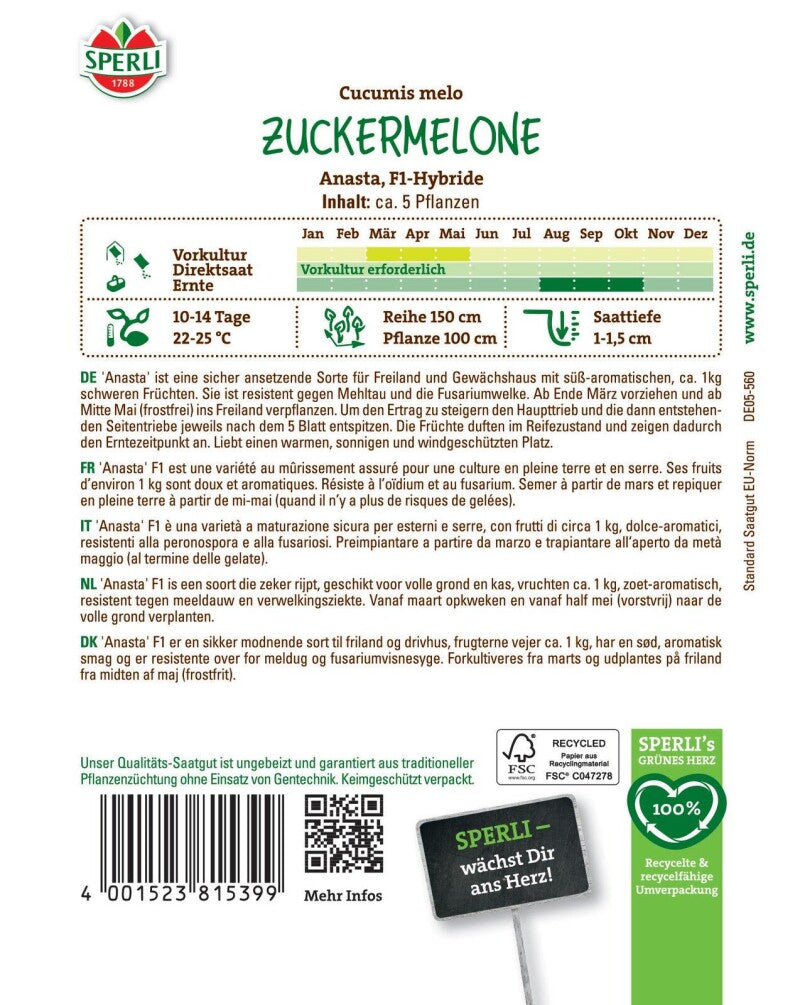 Zuckermelone Anasta F1, Zuckersüße Charentaise-Melone, Sicher Reifend, Freiland Und Gewächshaus