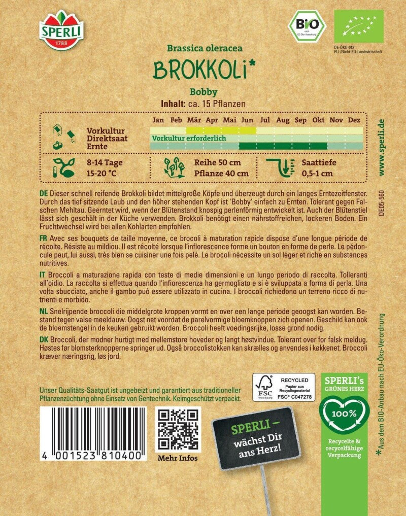  BIO Brokkoli Bobby, Tolerant, Frühe Sorte, Schnell Reifend, Leichte Ernte, Bio-Saatgut Von Sperli