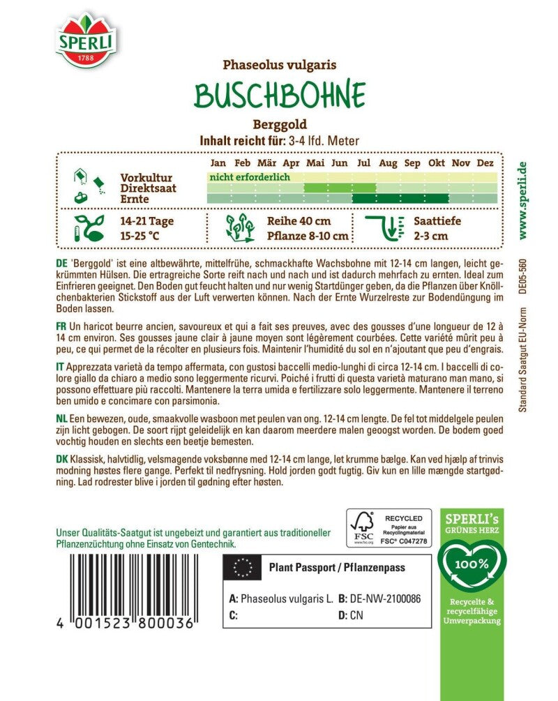  Buschbohne Berggold | Altbewährte Gelbe Wachsbohne | Fadenlos Gefriergeeignet |mehrfache Ernten