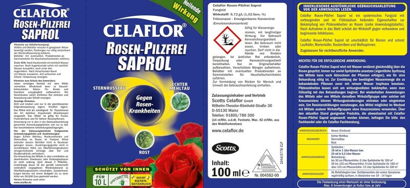  Celaflor Rosen-Pilzfrei Saprol, Gegen Pilzkrankheiten An Rosen, Wie Echten Mehltau, Sternrußtau Und Rost, 100 Ml