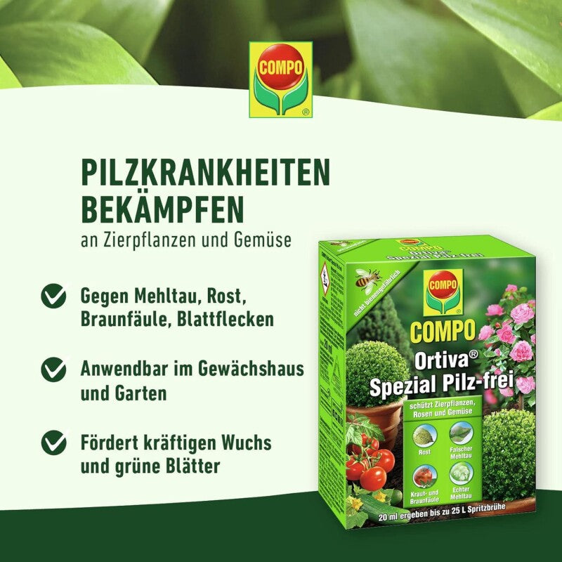  COMPO Ortiva Spezial Pilz-frei, Bekämpfung Von Pilzkrankheiten An Zierpflanzen, Rosen Und Gemüse, Konzentrat Inkl. Messbecher, 20 Ml
