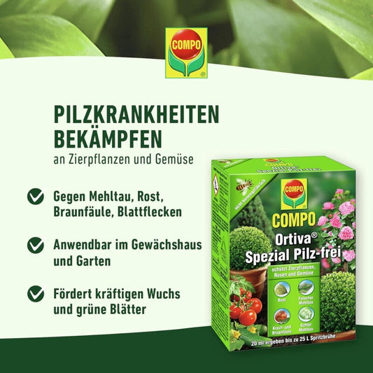  COMPO Ortiva Spezial Pilz-frei, Bekämpfung Von Pilzkrankheiten An Zierpflanzen, Rosen Und Gemüse, Konzentrat Inkl. Messbecher, 20 Ml