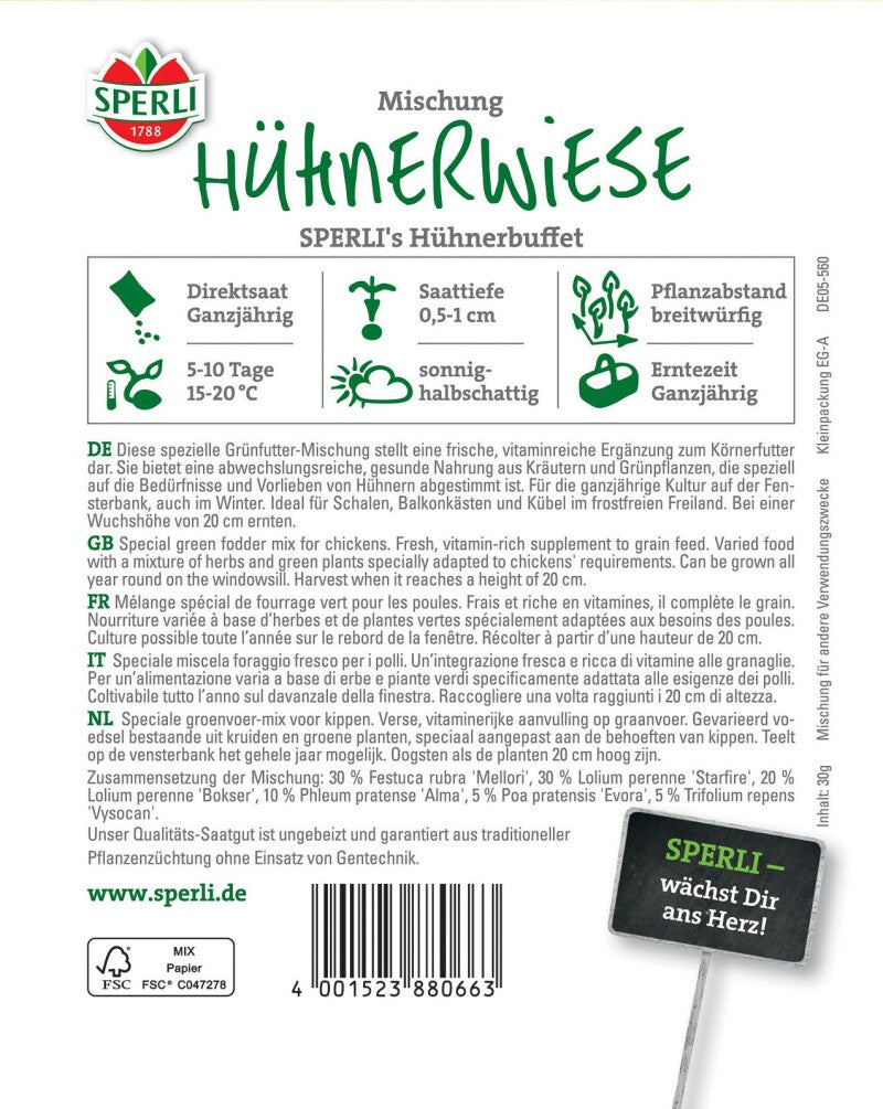  Hühnerwiese SPERLI's Hühnerbuffet, Inhalt: 30gr., Spezielle Grünfutter-Mischung, Vitaminreiche Ergänzung Zum Körnerfutter