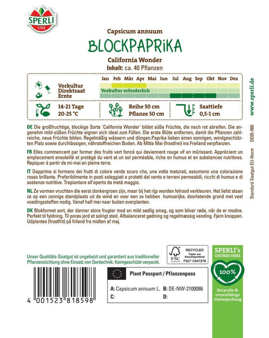  Paprika California Wonder, Großfruchtige Sorte Mit Süßem Geschmack, Ideal Zum Füllen