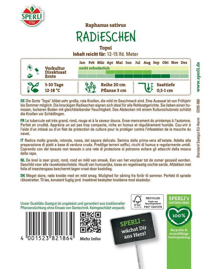  Radieschen Topsi, Für Die Frühjahrs- Und Sommeraussaat, Große Knollen, Saatgut Von Sperli