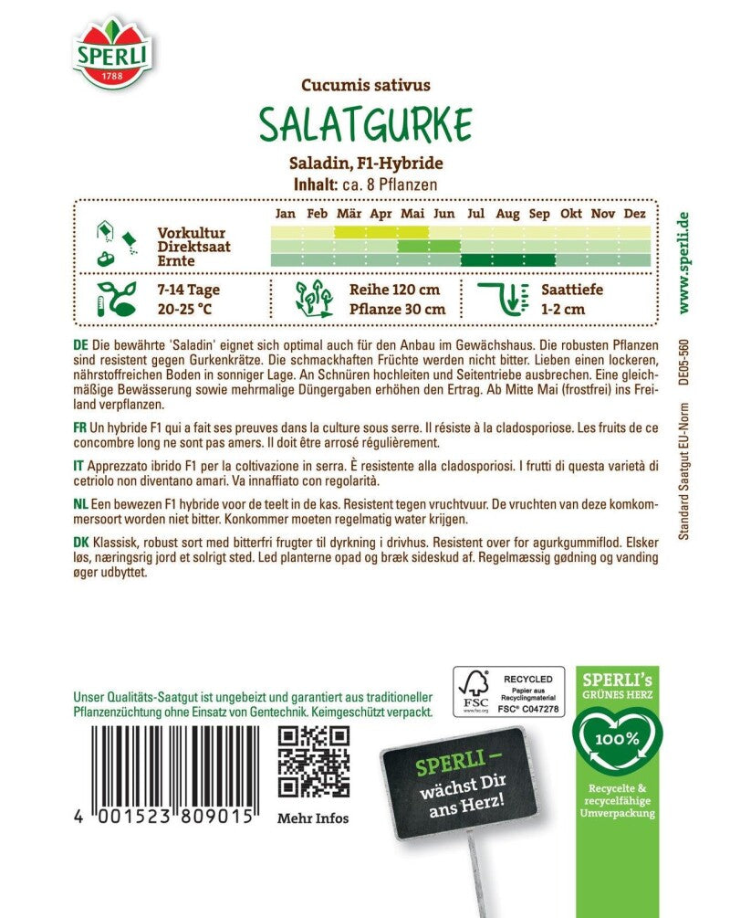  Salatgurke Saladin F1, Bewährt & Robust, Bitterfreie Sorte, Gewächshaus Geeignet