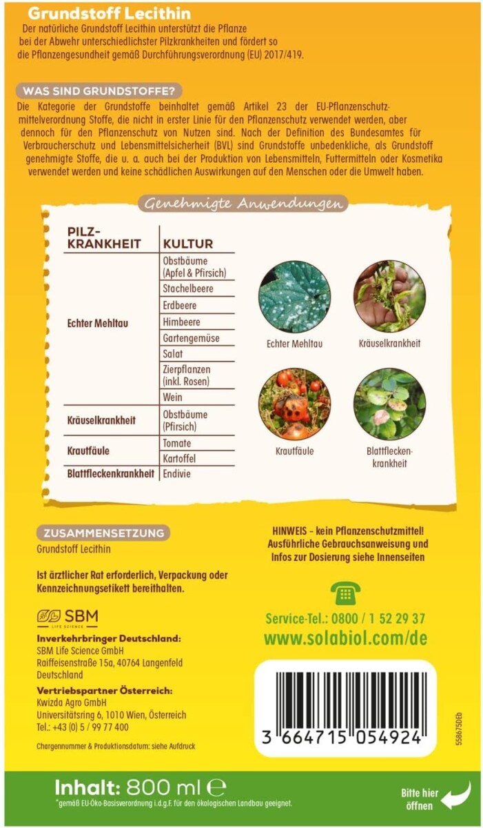  Solabiol Grundstoff Lecithin, Natürliche Abwehr Von Pilzkrankheiten An Pflanzen, 800 Ml Konzentrat