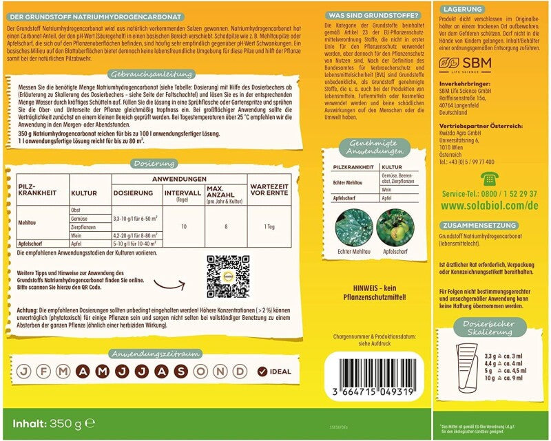  Solabiol Grundstoff Natriumhydrogencarbonat, Unterstützt Die Natürliche Abwehr Von Pilzkrankheiten, 350 G Für Bis Zu 100 L