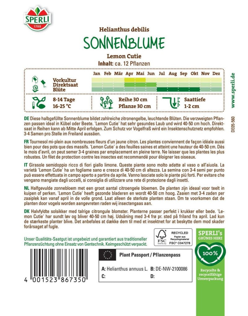  Sonnenblume Lemon Cutie, Halbgefüllte Zwergsonnenblume, Saatgut Von Sperli