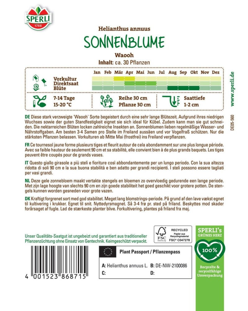  Sonnenblume Waooh, Stark Verzweigt, Standfeste Schnittblume, Ideal Für Kübel, Nektarspender