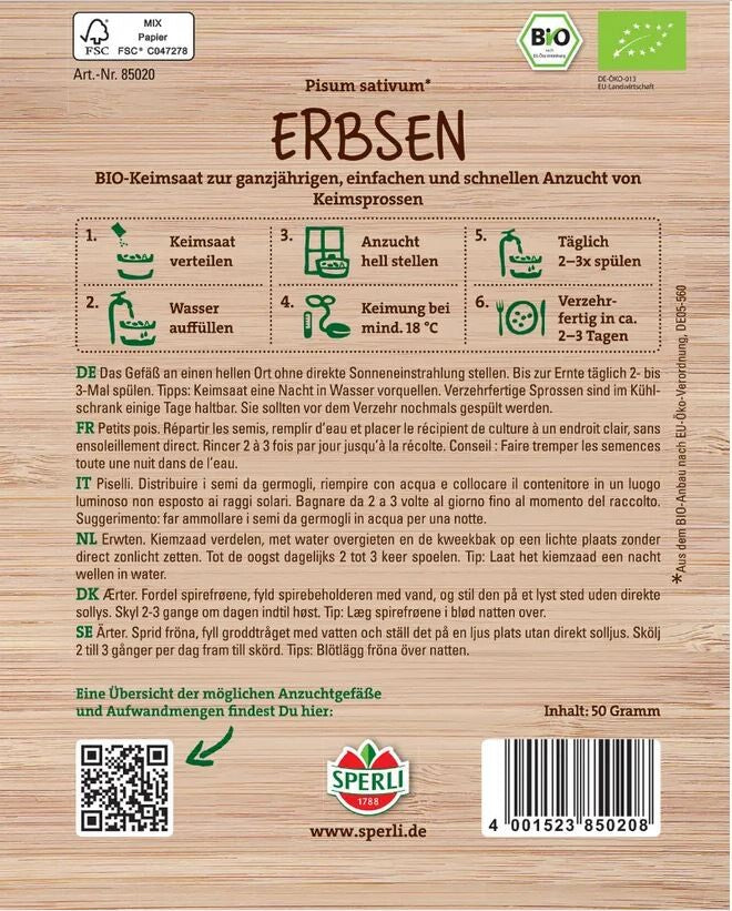  BIO Keimsprossen-Saat Erbsen, Inhalt: 50gr., Geschmack: Leicht Süßlich