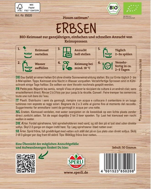  BIO Keimsprossen-Saat Erbsen, Inhalt: 50gr., Geschmack: Leicht Süßlich