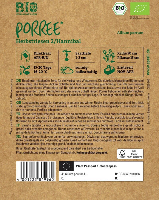  BIO Porree, Bewährte Mittelspäte Sorte Für Die Herbst- Und Winterernte