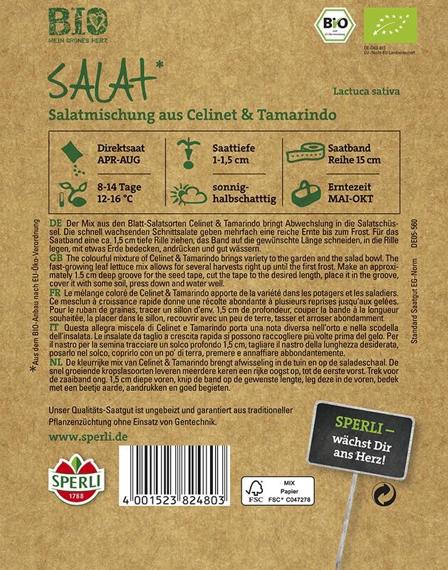  BIO Salat Babyleaf (Celinet Und Tamarindo) 3 M Saatband