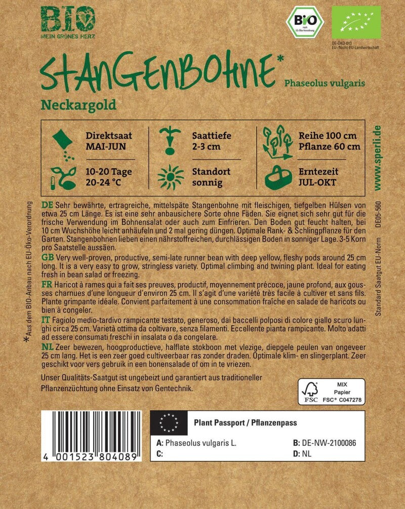  BIO Stangenbohne Gelb, Sehr Bewährte Ertragreiche Mittelspäte Stangenbohne, Gefriergeeignet