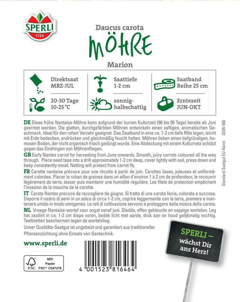  Möhre Marion F1 (Saatband), Frühe Nantaise-Möhre, Entwickeln Einen Saftigen, Aromatischen Geschmack