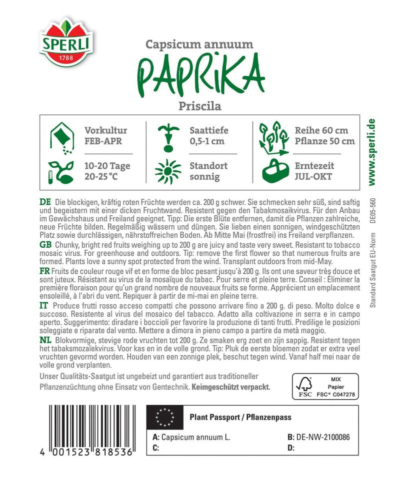  Paprika Priscila F1, Blockigen Kräftig Roten Früchte Werden Ca. 200 G Schwer, Für Anbau Im Gewächshaus Und Freiland Geeignet